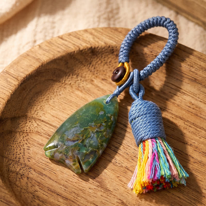 Olivenorma Natural Crystal Fish‑Shaped Tassel Braided Auspicious Blessing Keychain - India Agate - image 17