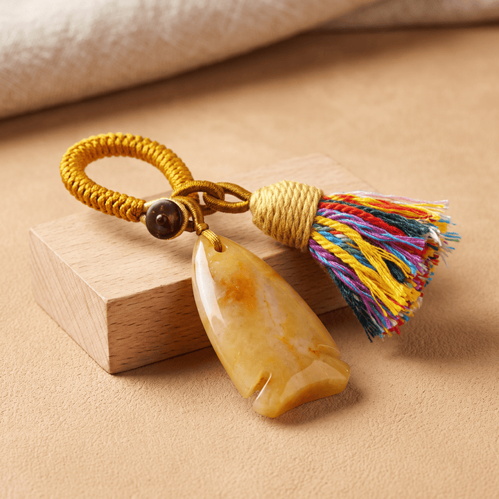 Olivenorma Natural Crystal Fish‑Shaped Tassel Braided Auspicious Blessing Keychain - Yellow Jade - image 19