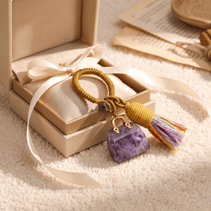 Olivenorma Natural Crystal Handbag‑Shaped Tassel Braided Prosperity Blessing Keychain - Amethyst - image 3