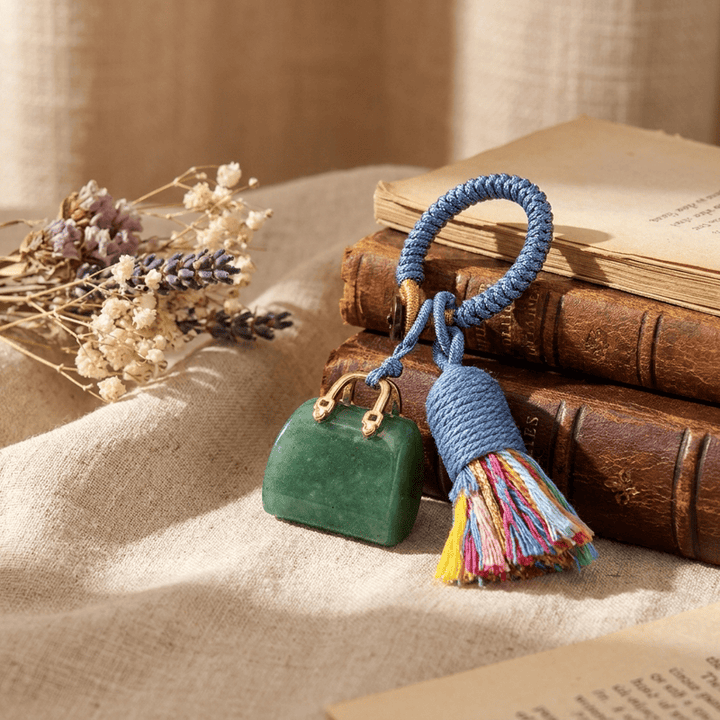 Olivenorma Natural Crystal Handbag‑Shaped Tassel Braided Prosperity Blessing Keychain - Green Aventurine - image 9