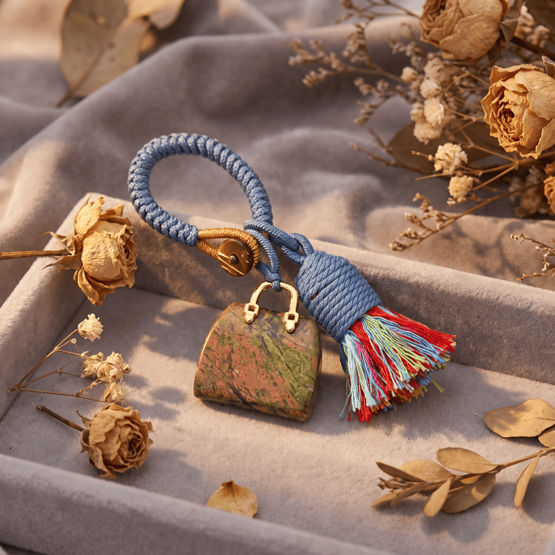 Olivenorma Natural Crystal Handbag‑Shaped Tassel Braided Prosperity Blessing Keychain - Unakite - image 5