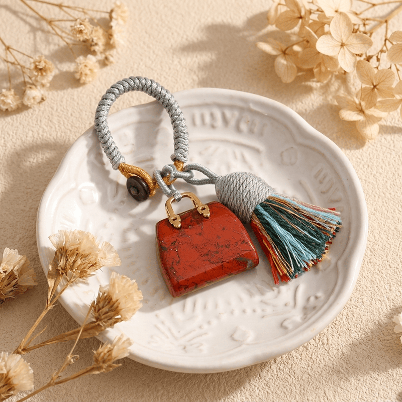 Olivenorma Natural Crystal Handbag‑Shaped Tassel Braided Prosperity Blessing Keychain - Red Jasper - image 13