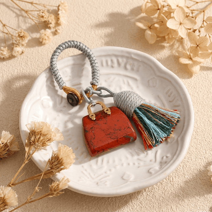 Olivenorma Natural Crystal Handbag‑Shaped Tassel Braided Prosperity Blessing Keychain - Red Jasper - image 13