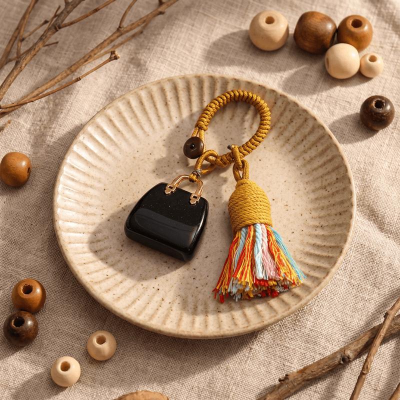 Olivenorma Natural Crystal Handbag‑Shaped Tassel Braided Prosperity Blessing Keychain - Obsidian - image 11