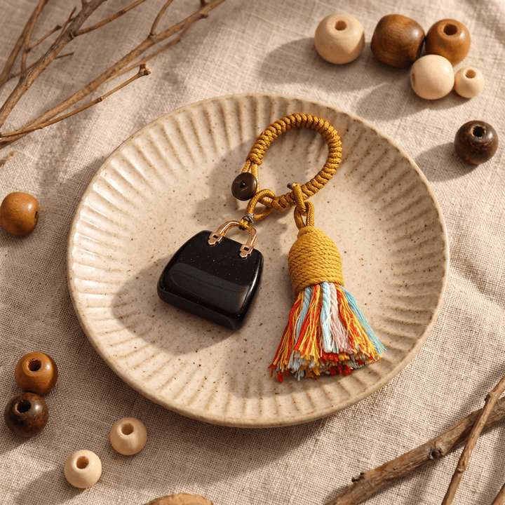 Olivenorma Natural Crystal Handbag‑Shaped Tassel Braided Prosperity Blessing Keychain - Obsidian - image 11
