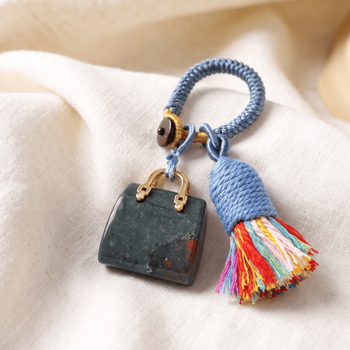 Olivenorma Natural Crystal Handbag‑Shaped Tassel Braided Prosperity Blessing Keychain - African Bloodstone - image 15