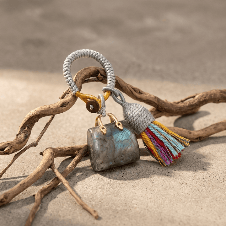 Olivenorma Natural Crystal Handbag‑Shaped Tassel Braided Prosperity Blessing Keychain - Labradorite - image 16