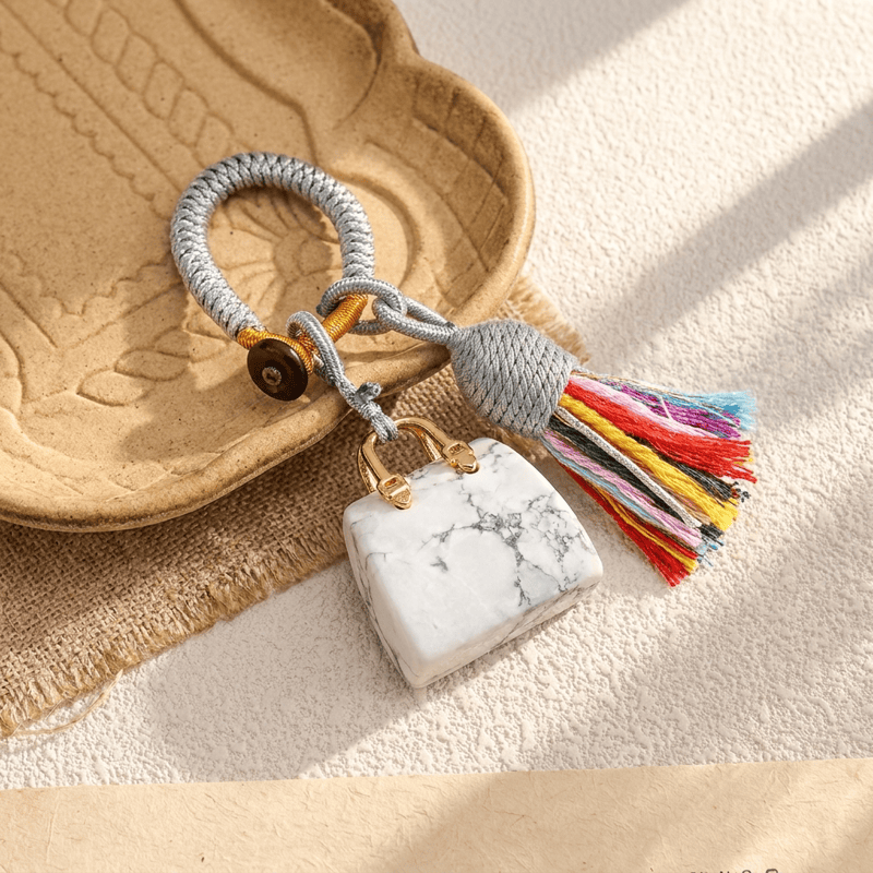 Olivenorma Natural Crystal Handbag‑Shaped Tassel Braided Prosperity Blessing Keychain - White Turquoise - image 20