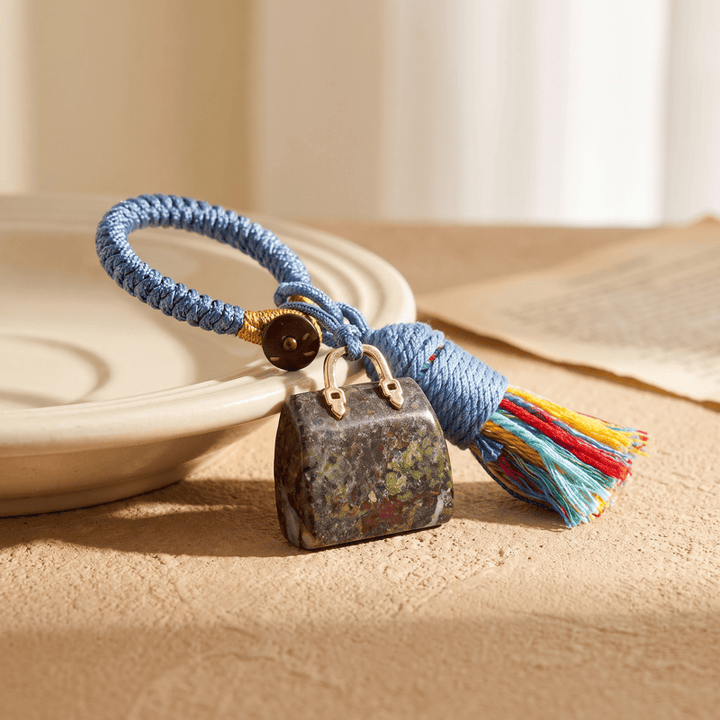 Olivenorma Natural Crystal Handbag‑Shaped Tassel Braided Prosperity Blessing Keychain - Dragon Blood Stone - image 18