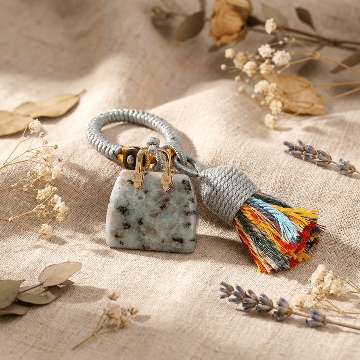 Olivenorma Natural Crystal Handbag‑Shaped Tassel Braided Prosperity Blessing Keychain - Kiwi Stone - image 22