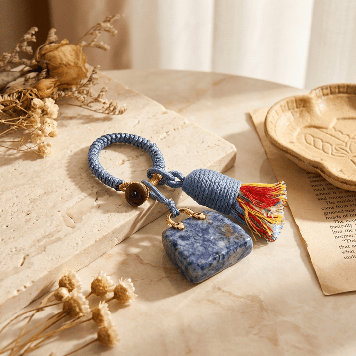 Olivenorma Natural Crystal Handbag‑Shaped Tassel Braided Prosperity Blessing Keychain - Blue Spot Jasper - image 24