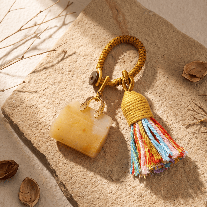 Olivenorma Natural Crystal Handbag‑Shaped Tassel Braided Prosperity Blessing Keychain - Yellow Jade - image 27