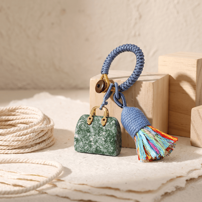 Olivenorma Natural Crystal Handbag‑Shaped Tassel Braided Prosperity Blessing Keychain - Green Grass Jade - image 29
