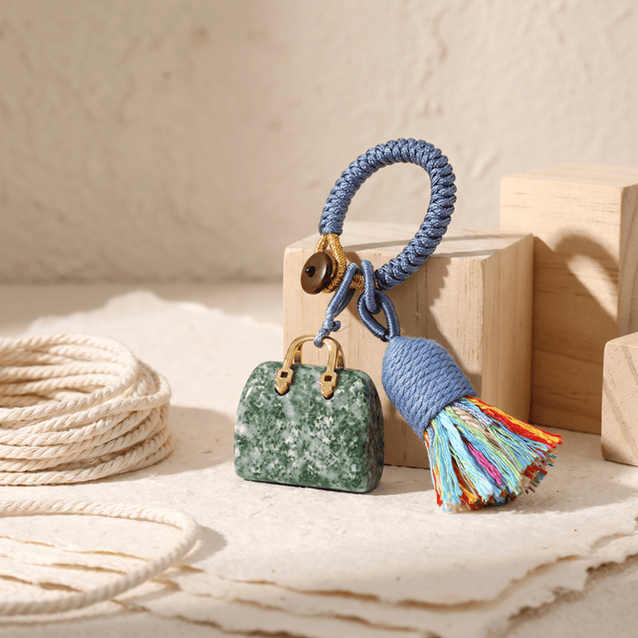 Olivenorma Natural Crystal Handbag‑Shaped Tassel Braided Prosperity Blessing Keychain - Green Grass Jade - image 29