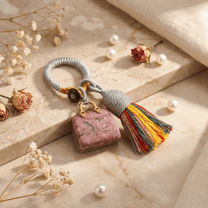 Olivenorma Natural Crystal Handbag‑Shaped Tassel Braided Prosperity Blessing Keychain - Rhodonite - image 30