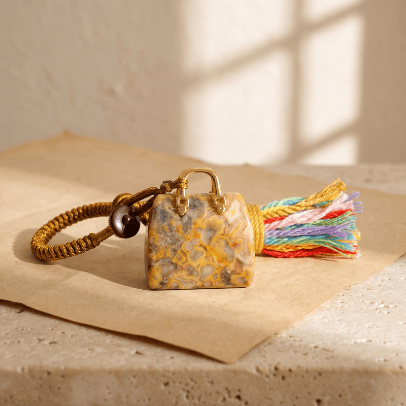 Olivenorma Natural Crystal Handbag‑Shaped Tassel Braided Prosperity Blessing Keychain - Crazy Agate - image 32