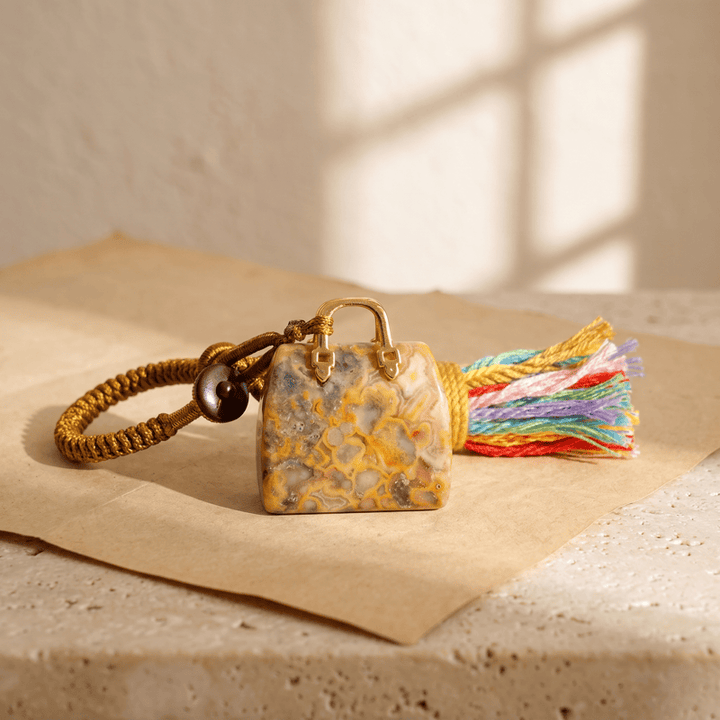 Olivenorma Natural Crystal Handbag‑Shaped Tassel Braided Prosperity Blessing Keychain - Crazy Agate - image 32
