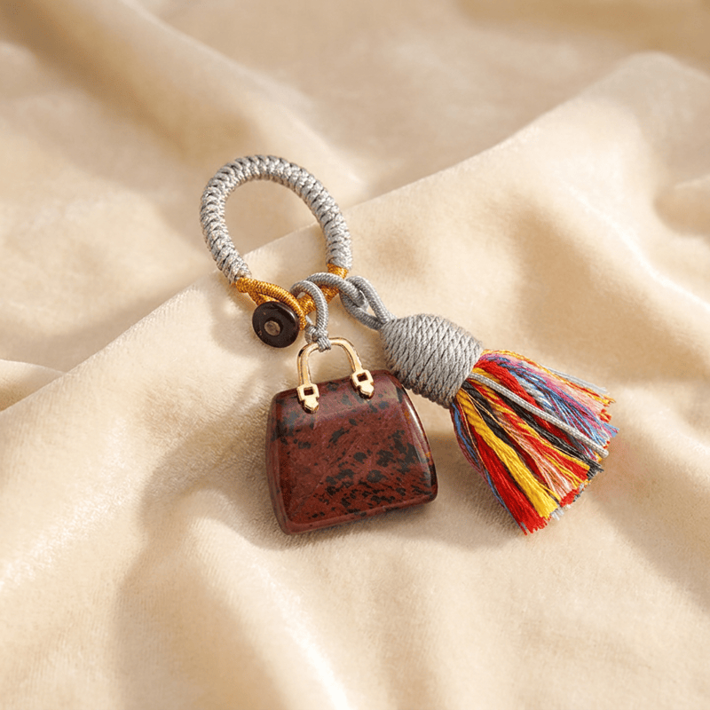Olivenorma Natural Crystal Handbag‑Shaped Tassel Braided Prosperity Blessing Keychain - Mahagony - image 33