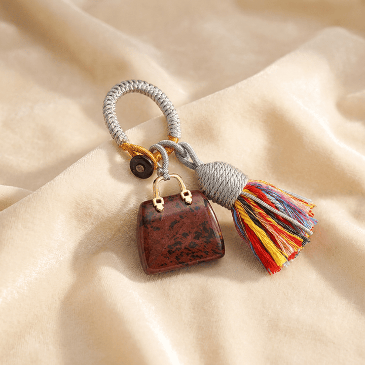 Olivenorma Natural Crystal Handbag‑Shaped Tassel Braided Prosperity Blessing Keychain - Mahagony - image 33