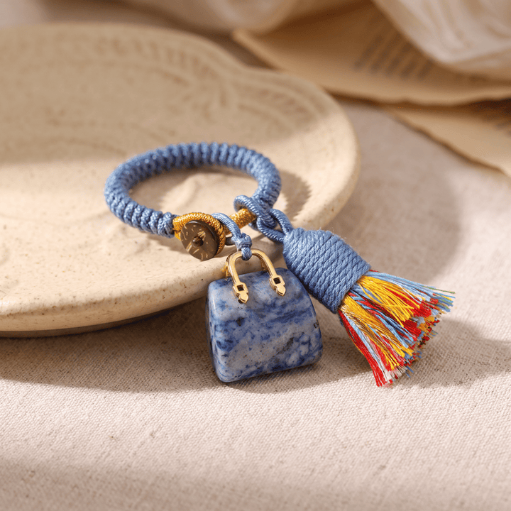 Olivenorma Natural Crystal Handbag‑Shaped Tassel Braided Prosperity Blessing Keychain - Sodalite - image 34