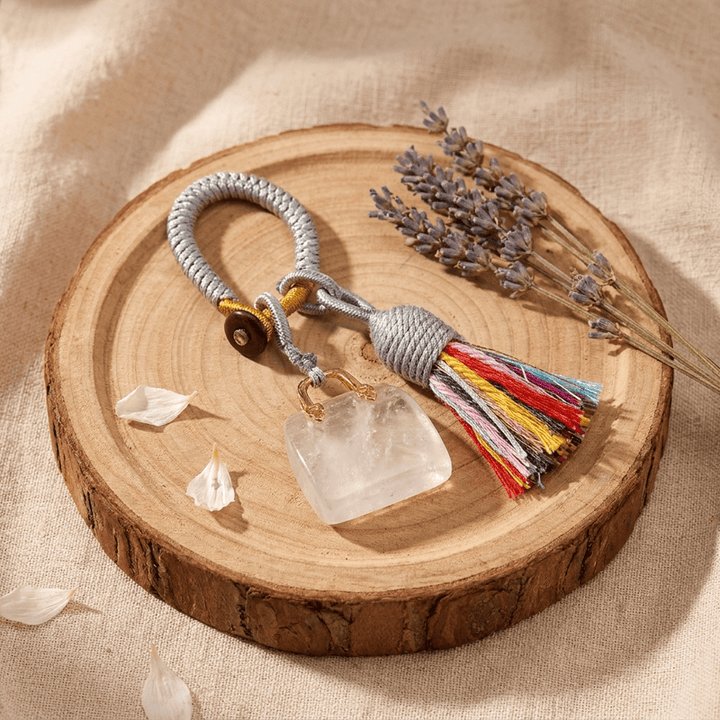 Olivenorma Natural Crystal Handbag‑Shaped Tassel Braided Prosperity Blessing Keychain - Clear Quartz - image 38