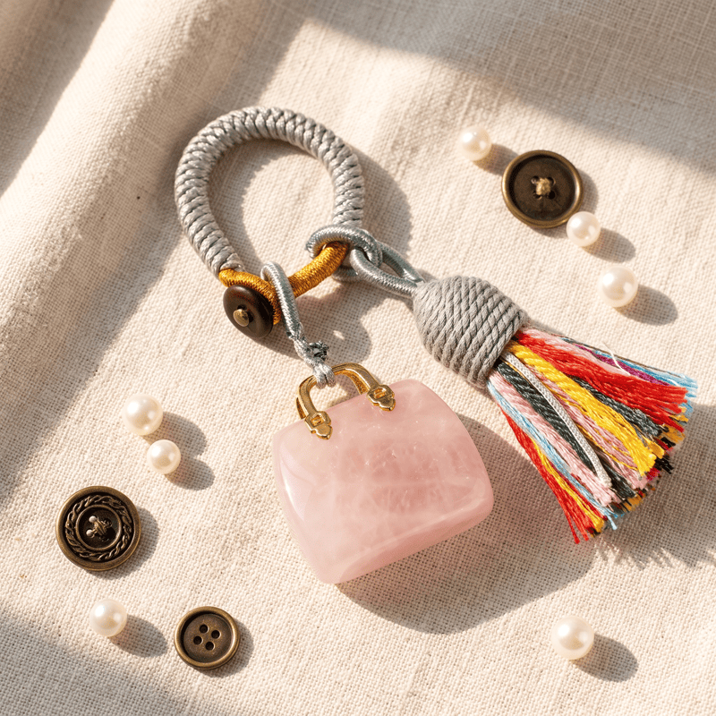 Olivenorma Natural Crystal Handbag‑Shaped Tassel Braided Prosperity Blessing Keychain - Rose Quartz - image 36