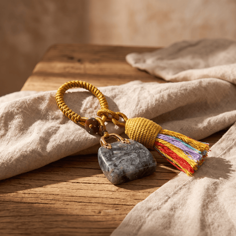 Olivenorma Natural Crystal Handbag‑Shaped Tassel Braided Prosperity Blessing Keychain - Larvikite - image 23