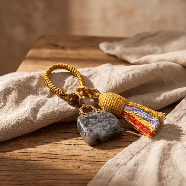 Olivenorma Natural Crystal Handbag‑Shaped Tassel Braided Prosperity Blessing Keychain - Larvikite - image 23