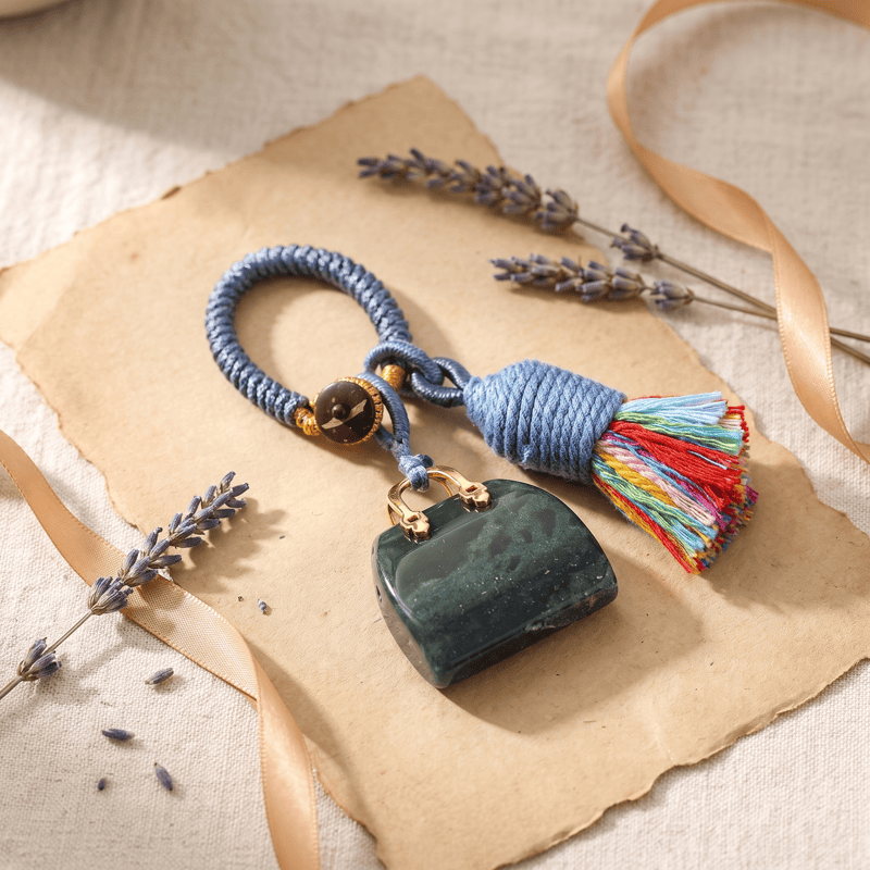 Olivenorma Natural Crystal Handbag‑Shaped Tassel Braided Prosperity Blessing Keychain - India Agate - image 25