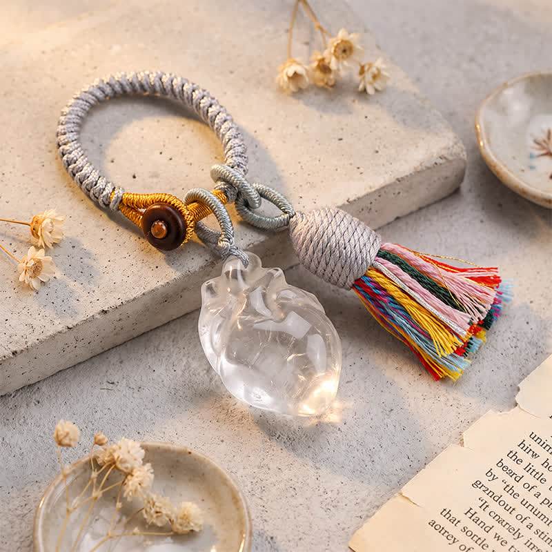Olivenorma Natural Crystal Anatomical Heart Tassel Handwoven Affection Blessing Keychain - Clear Quartz - image 1