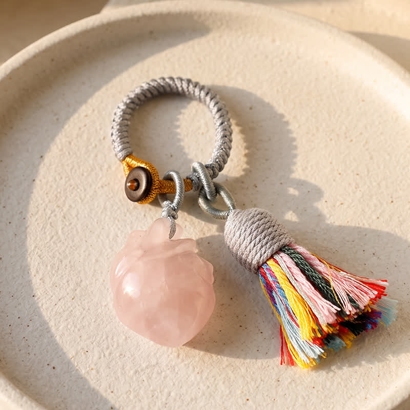 Olivenorma Natural Crystal Anatomical Heart Tassel Handwoven Affection Blessing Keychain - Rose Quartz - image 5