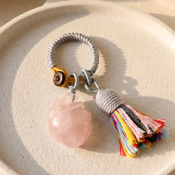 Olivenorma Natural Crystal Anatomical Heart Tassel Handwoven Affection Blessing Keychain - Rose Quartz - image 5