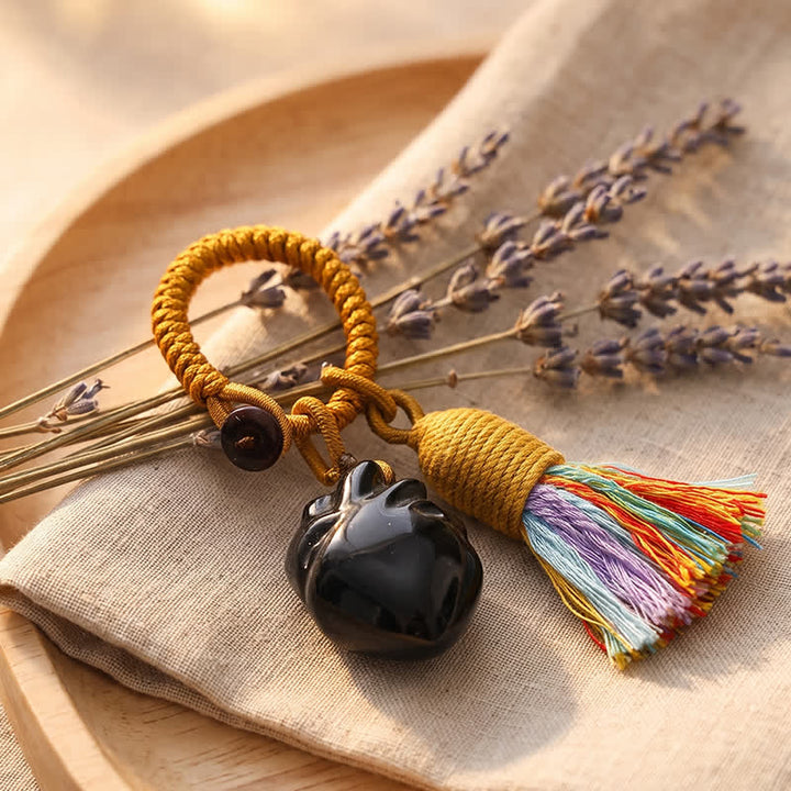 Olivenorma Natural Crystal Anatomical Heart Tassel Handwoven Affection Blessing Keychain - Obsidian - image 7