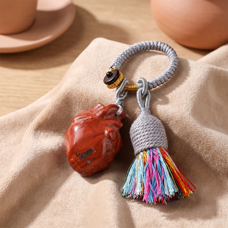 Olivenorma Natural Crystal Anatomical Heart Tassel Handwoven Affection Blessing Keychain - Red Jasper - image 9