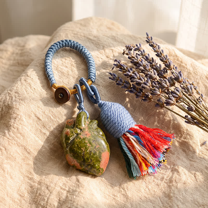 Olivenorma Natural Crystal Anatomical Heart Tassel Handwoven Affection Blessing Keychain - Unakite - image 13