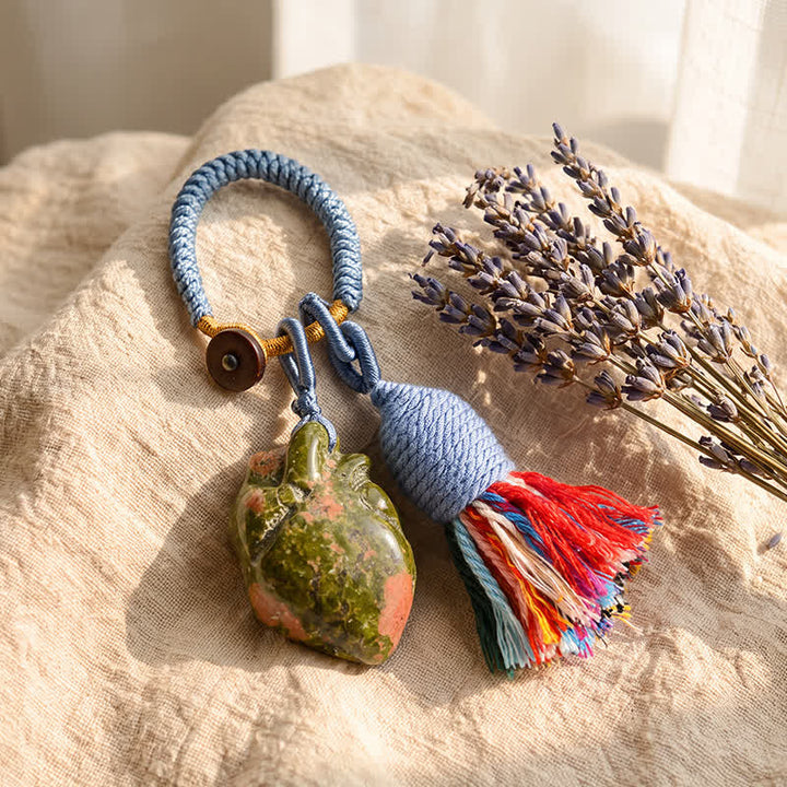 Olivenorma Natural Crystal Anatomical Heart Tassel Handwoven Affection Blessing Keychain - Unakite - image 13