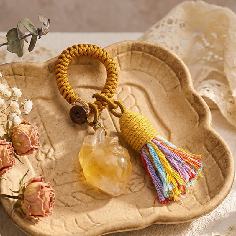 Olivenorma Natural Crystal Anatomical Heart Tassel Handwoven Affection Blessing Keychain - Yellow Jade - image 15