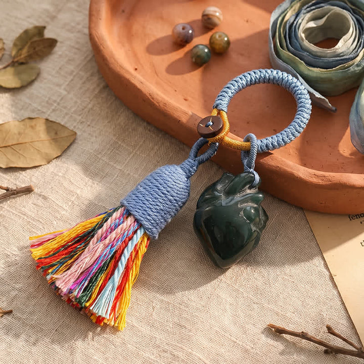 Olivenorma Natural Crystal Anatomical Heart Tassel Handwoven Affection Blessing Keychain - India Agate - image 20