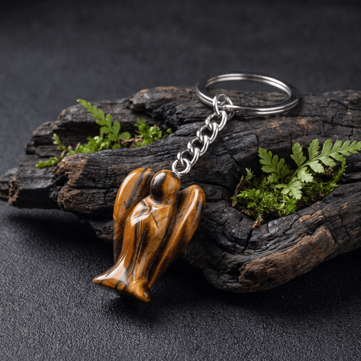 Olivenorma Natural Crystal Carved Angel‑Shaped Chain Ornament Protection Blessing Keychain - Tiger Eye - image 2