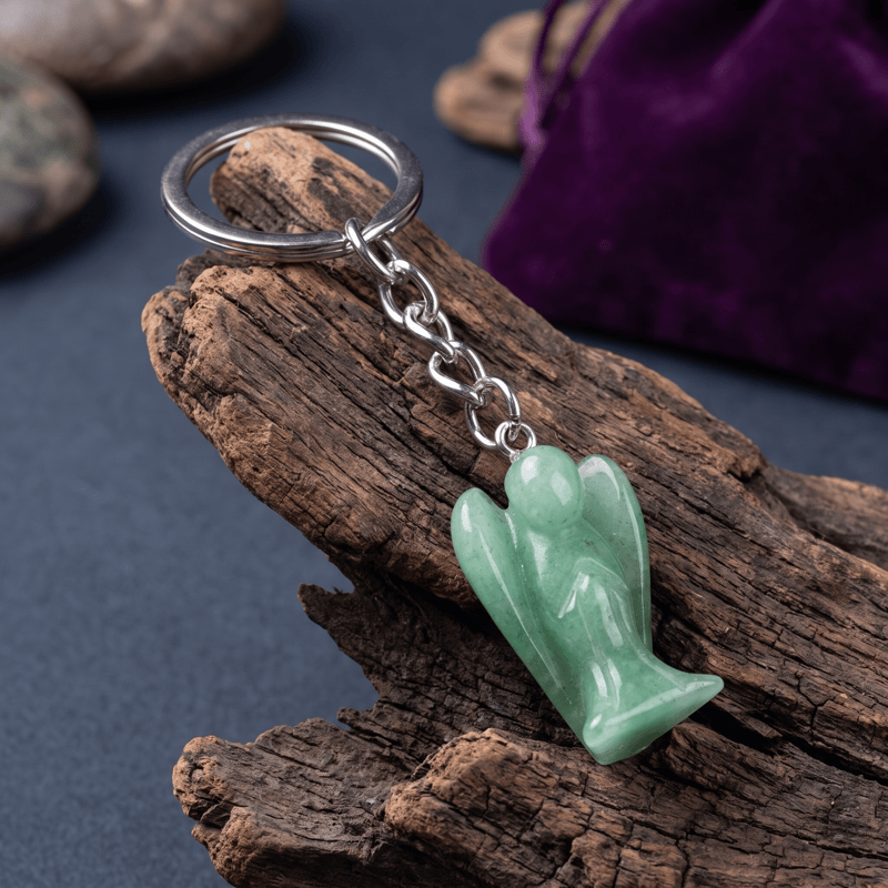 Olivenorma Natural Crystal Carved Angel‑Shaped Chain Ornament Protection Blessing Keychain - Green Aventurine - image 4