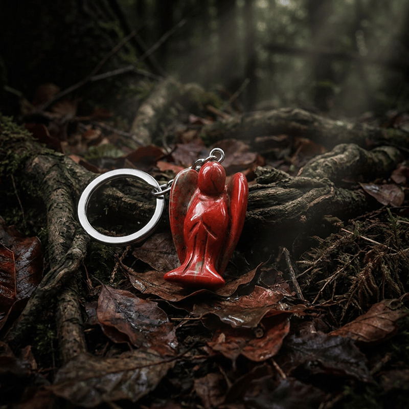Olivenorma Natural Crystal Carved Angel‑Shaped Chain Ornament Protection Blessing Keychain - Red Jasper - image 10