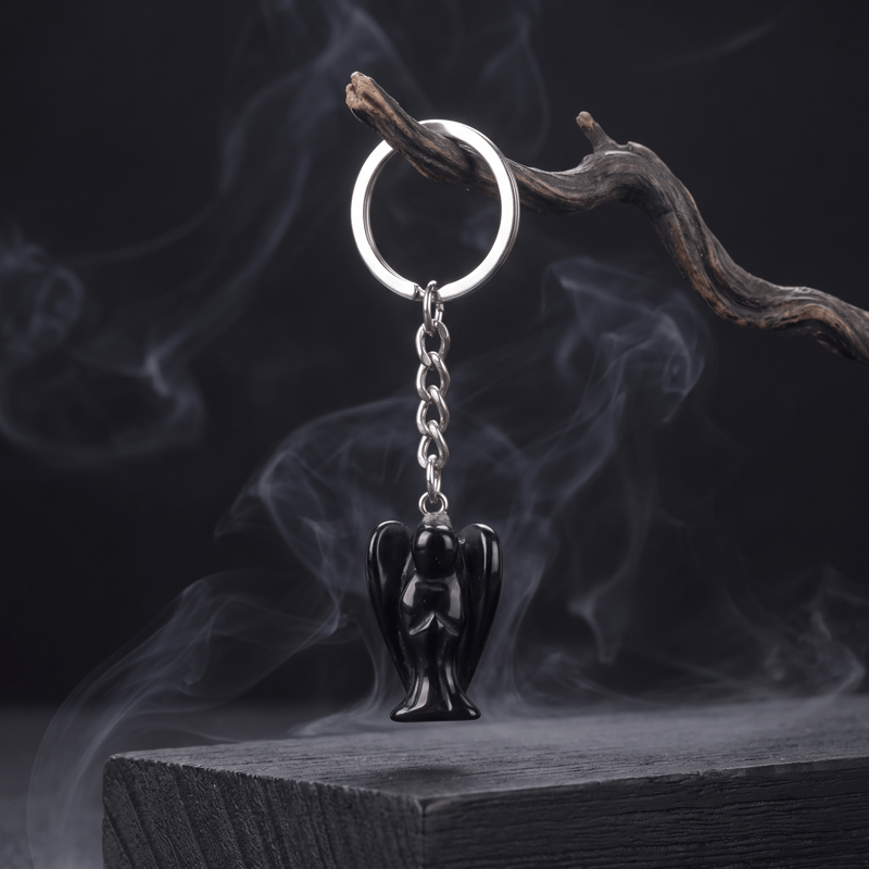 Olivenorma Natural Crystal Carved Angel‑Shaped Chain Ornament Protection Blessing Keychain - Obsidian - image 12