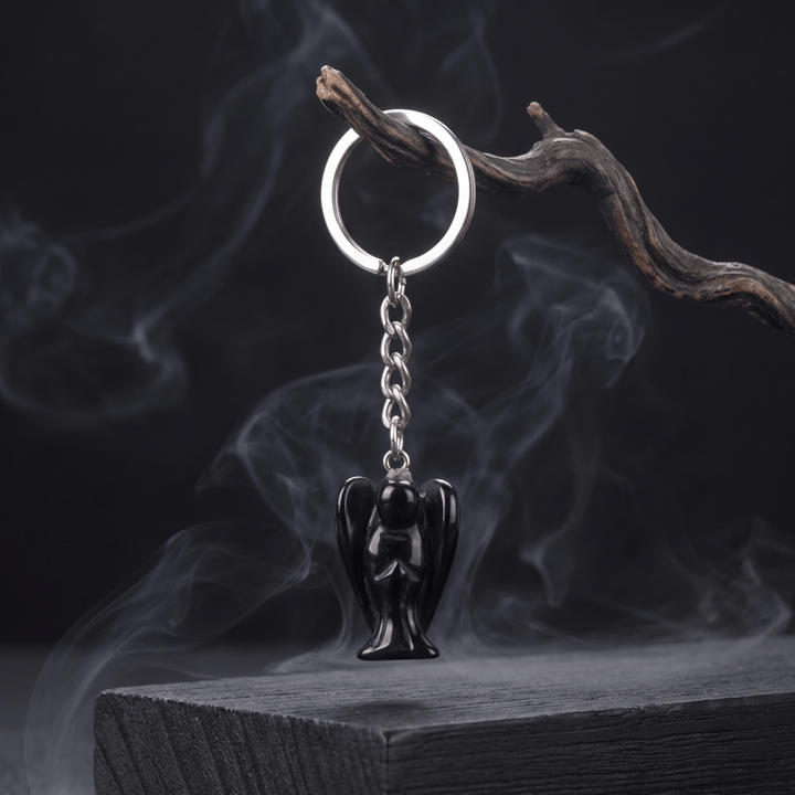 Olivenorma Natural Crystal Carved Angel‑Shaped Chain Ornament Protection Blessing Keychain - Obsidian - image 12