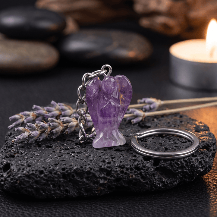 Olivenorma Natural Crystal Carved Angel‑Shaped Chain Ornament Protection Blessing Keychain - Amethyst - image 20