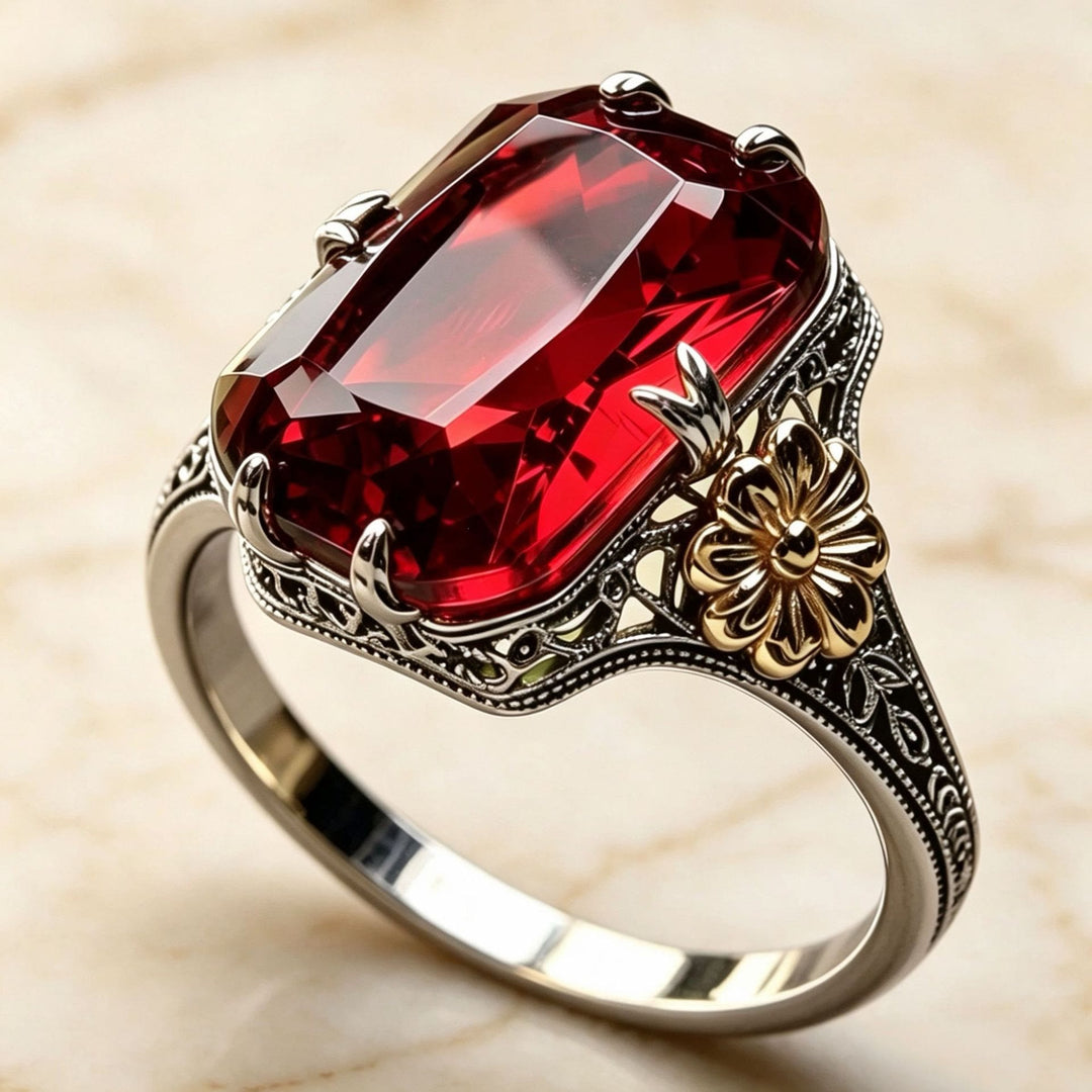 FREE Today: Silvery Golden Two Tone Flower Synthetic Emerald Stone Wedding Ring - Red Zircon - US 10 - image 14