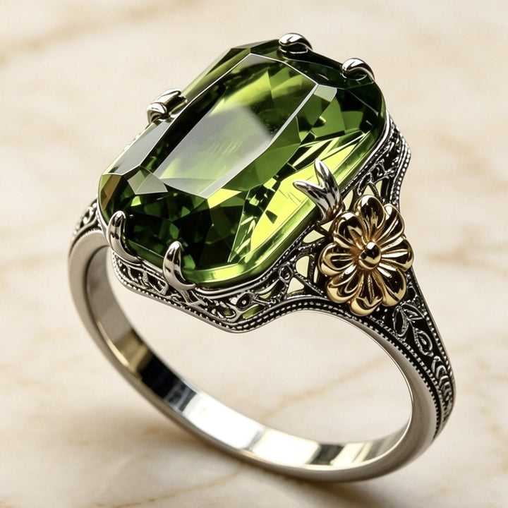 FREE Today: Silvery Golden Two Tone Flower Synthetic Emerald Stone Wedding Ring - Green Zircon - US 10 - image 0