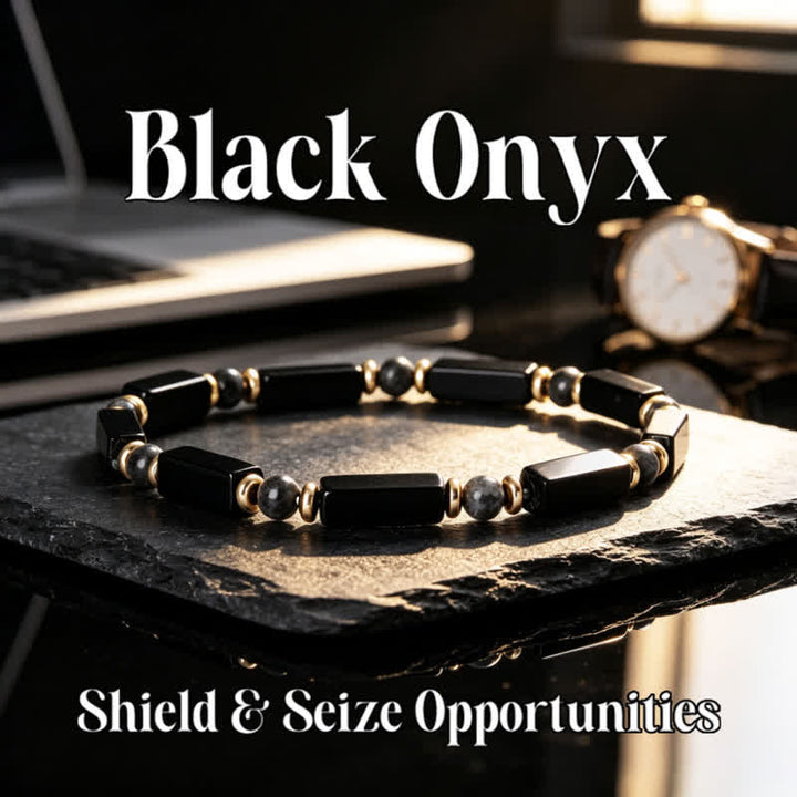 Olivenorma Natural Stone Beaded Design & Strength Protection Symbol Bracelet - Black Onyx&Obsidian - image 0