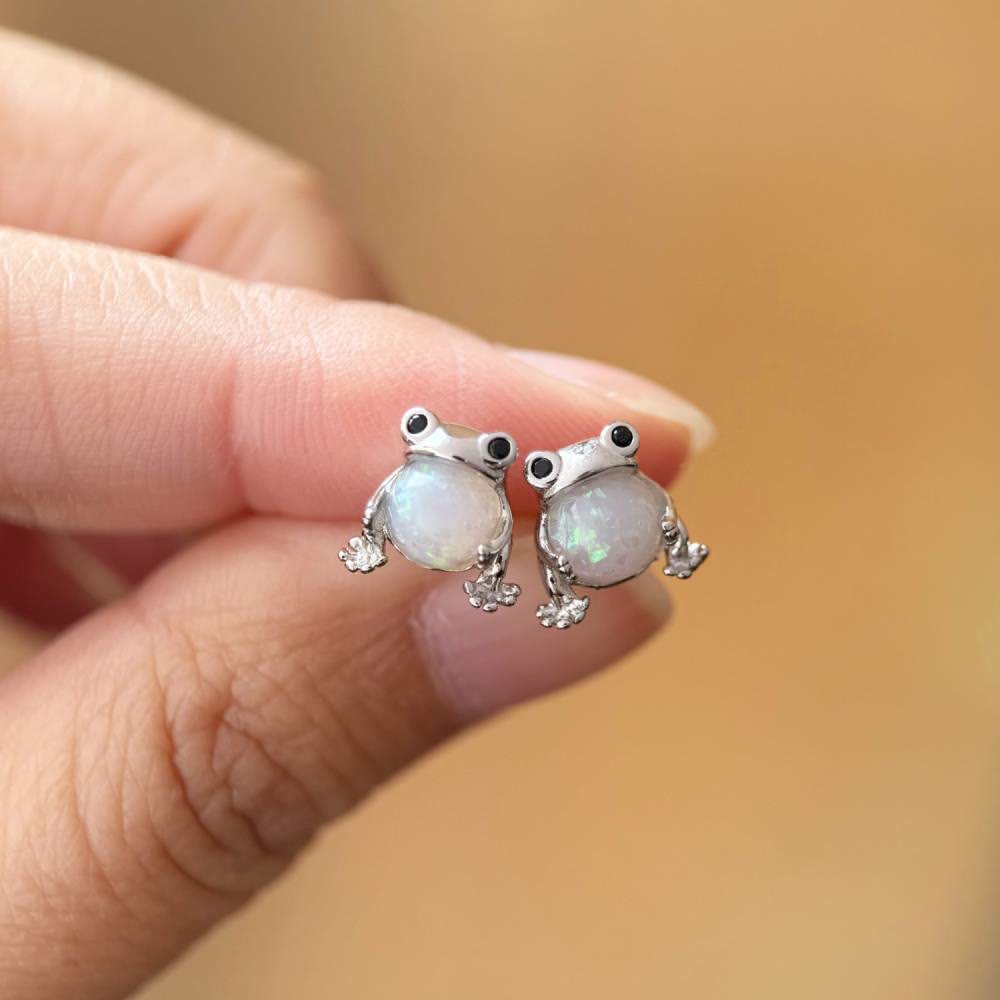 Olivenorma Tiny Frog Penguin Swan White Fire Opal Stud Animal Earrings Lover Gift - Frog - Silver - image 8