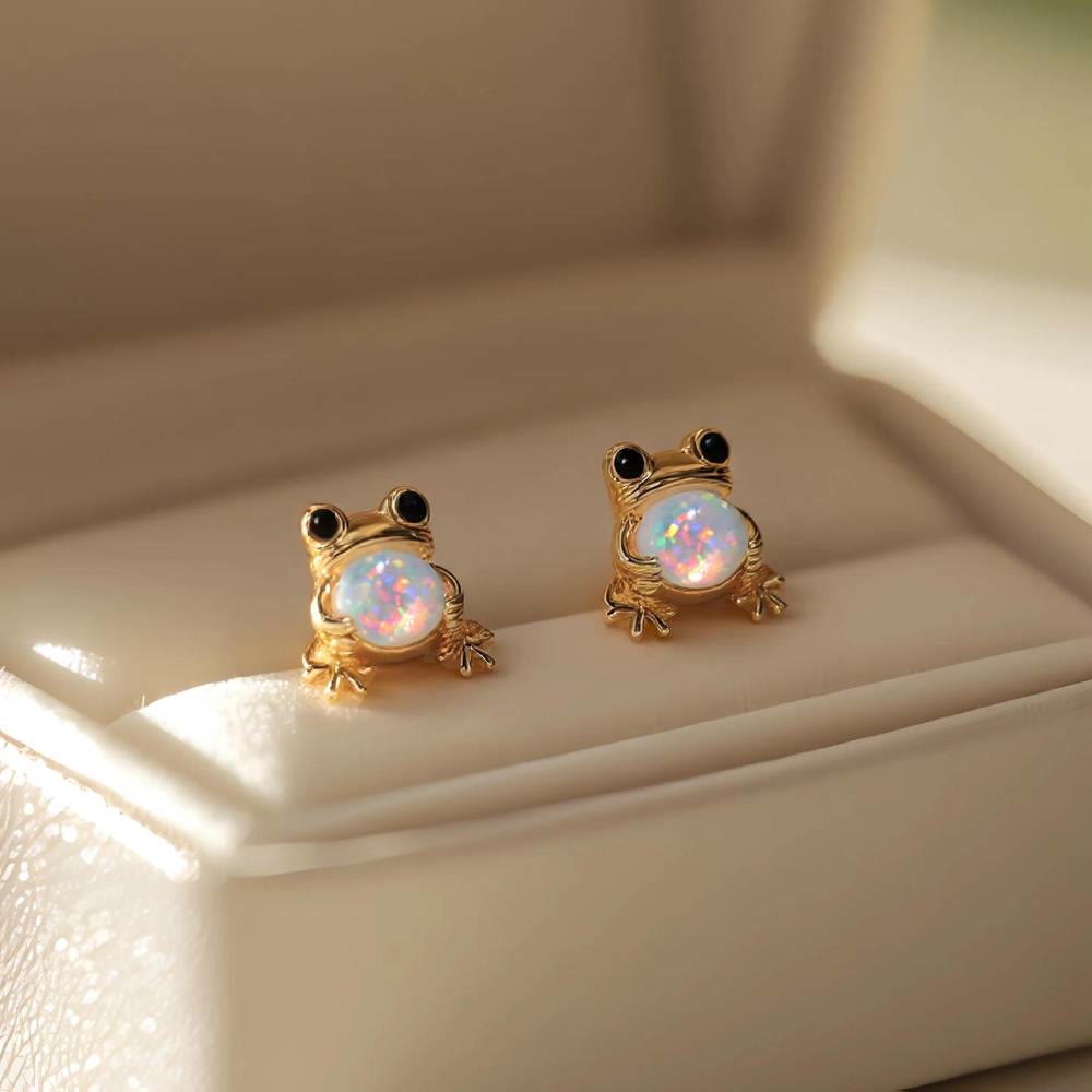 FREE Today: Tiny Frog Penguin Swan White Fire Opal Stud Animal Earrings Lover Gift - image 4