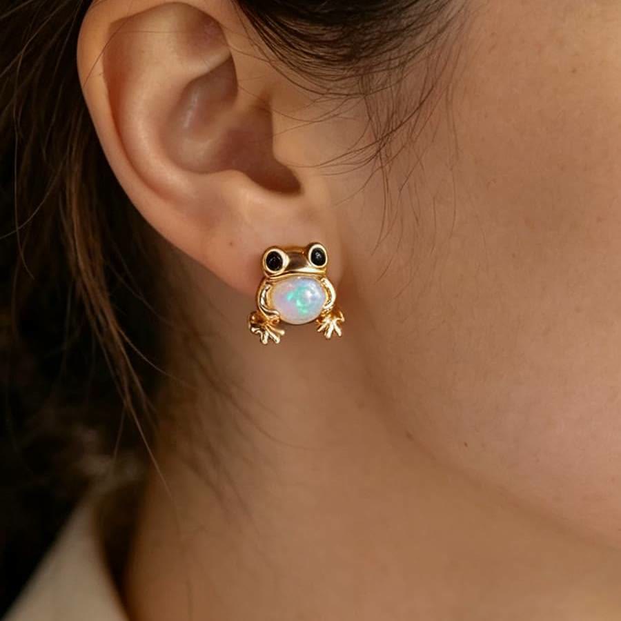 FREE Today: Tiny Frog Penguin Swan White Fire Opal Stud Animal Earrings Lover Gift - image 1